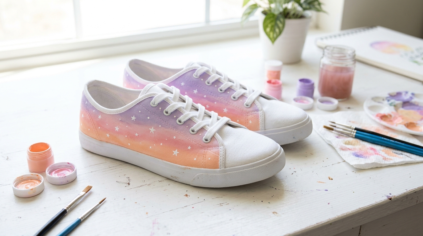 White canvas sneakers hand painted with a peach and lavender sunset, an easy painted shoes idea