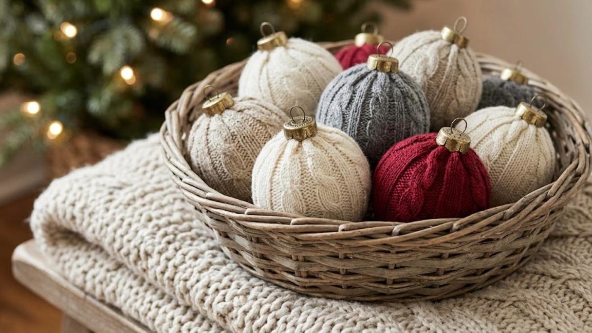 Sweater knit ornament makeovers in cream, gray and cranberry in a woven basket