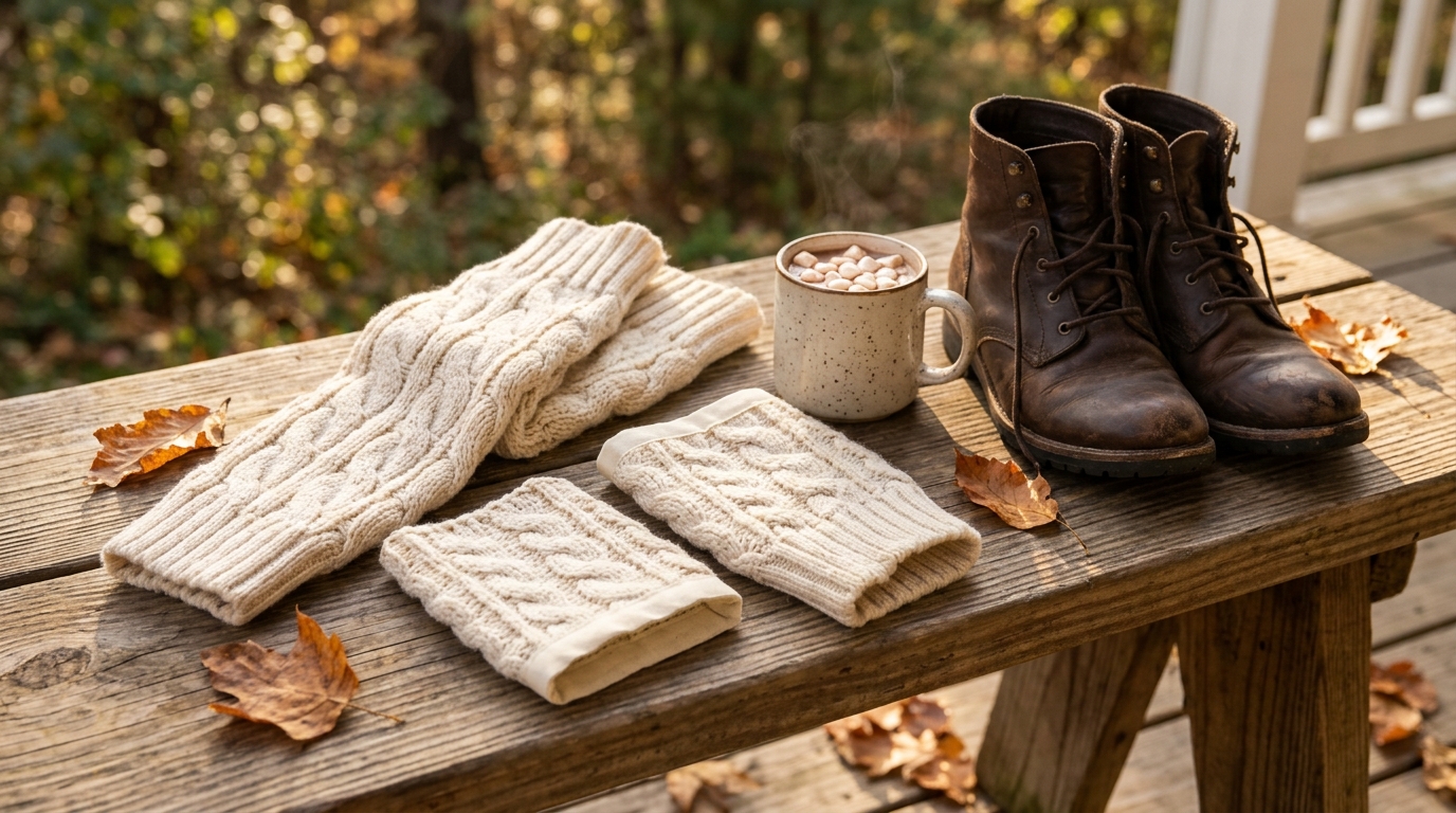 Leg warmers and wrist cuffs made from cream sweater sleeves beside ankle boots
