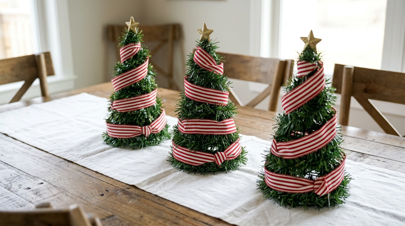 Tomato Cage Christmas Trees in mini size wrapped in garland and striped ribbon on a table runner