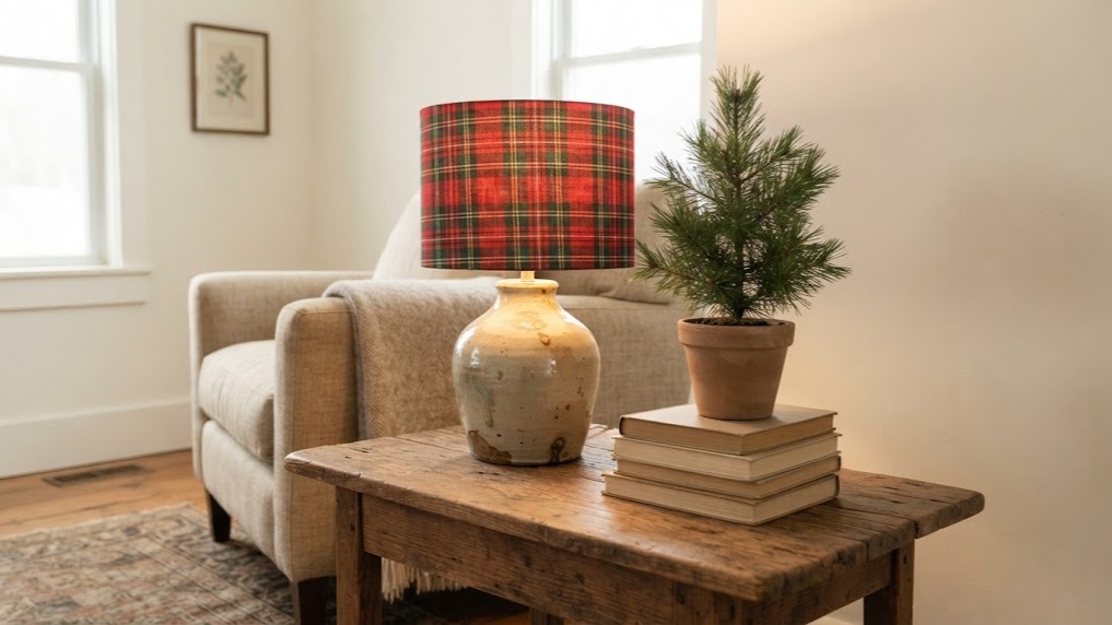 Thrifted table lamp with a drum shade covered in red and green tartan fabric