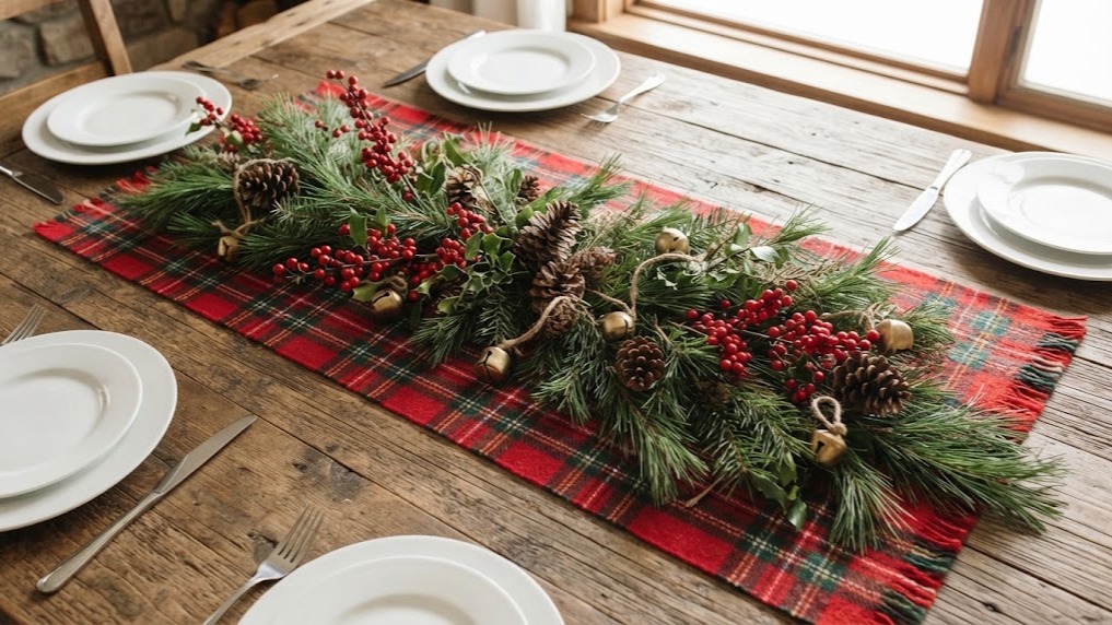 Plaid Christmas decor tartan table runner with pine, berries and pinecones