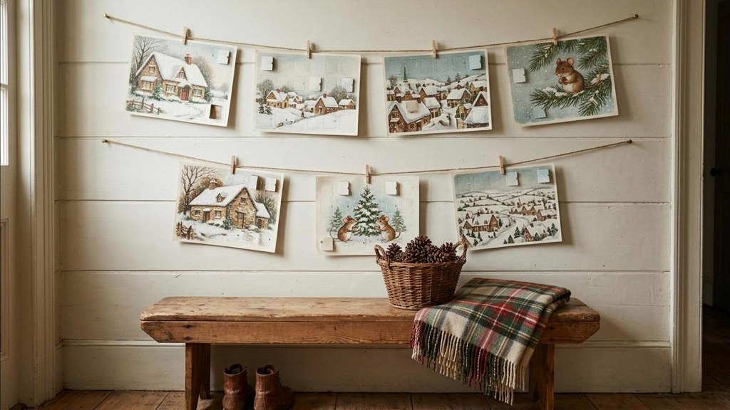 Gallery wall of several hand drawn paper Advent calendars hung with clothespins and twine