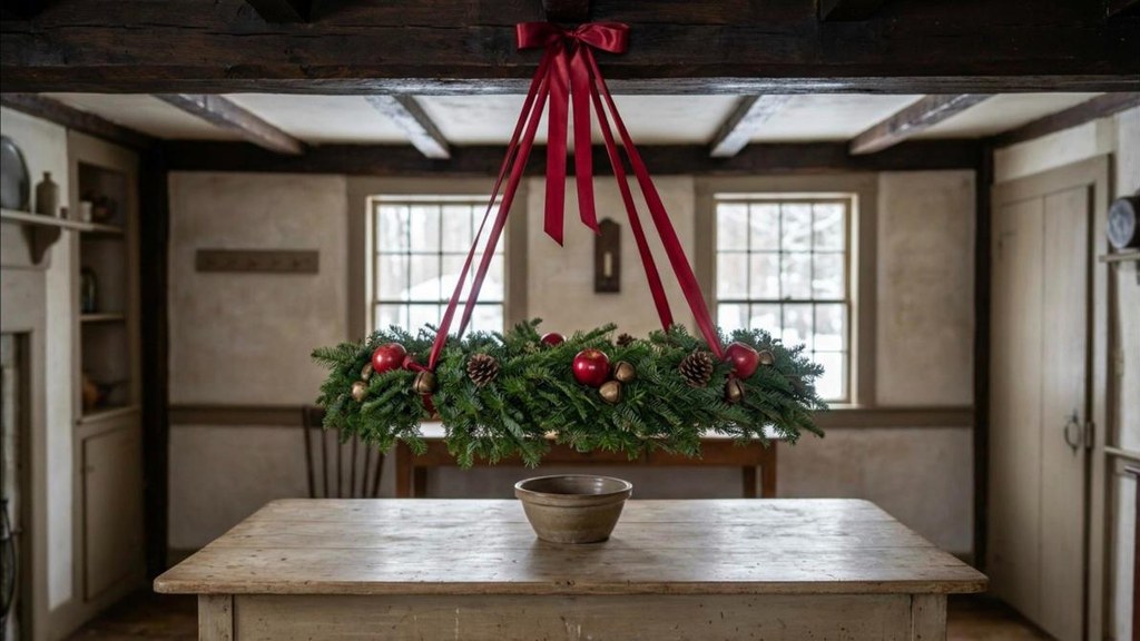 Fresh evergreen wreath hanging from a wooden ceiling beam with long red ribbons