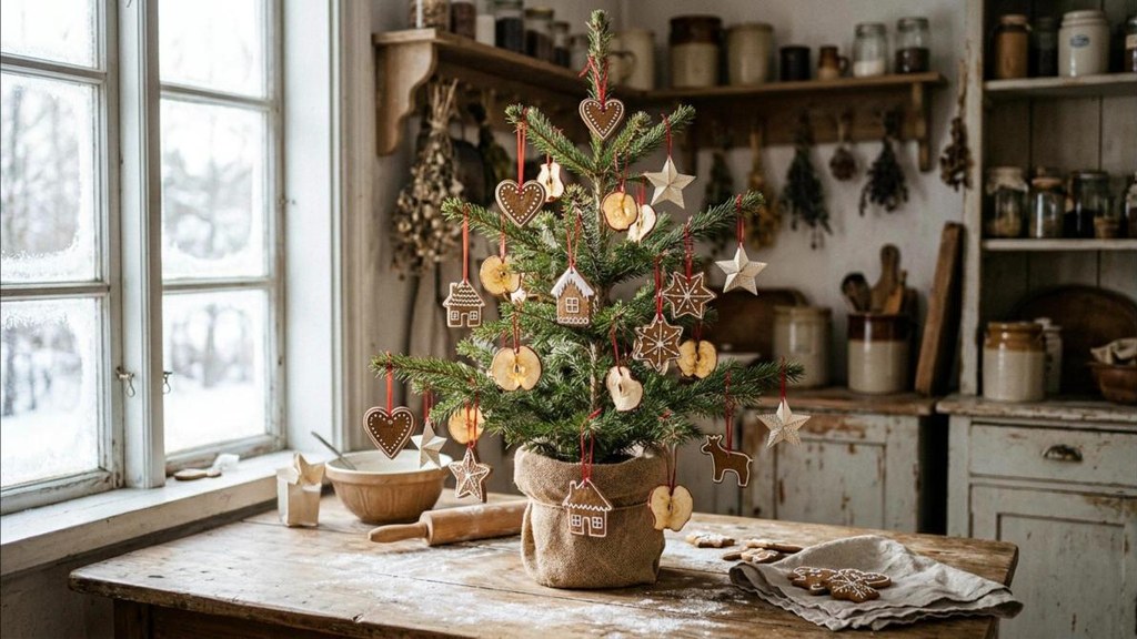 Tasha Tudor Christmas tree hung with gingerbread cookie ornaments on red ribbons