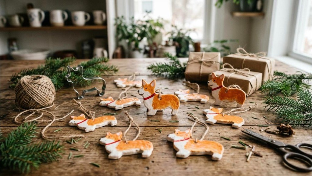 Corgi shaped clay ornaments and gift tags with twine on a wooden table
