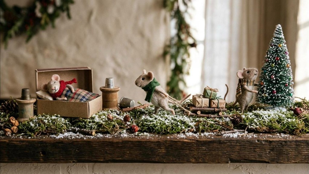 Tasha Tudor Christmas mouse village of tiny felt mice in a winter scene on a mantel shelf
