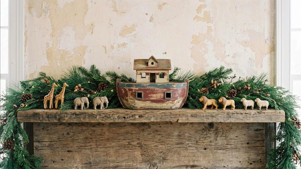 Vintage wooden Noah's Ark with pairs of animals on a mantel with evergreen garland