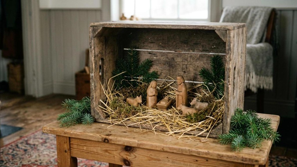 Tasha Tudor Christmas style simple wooden nativity creche on straw and moss in a wooden crate