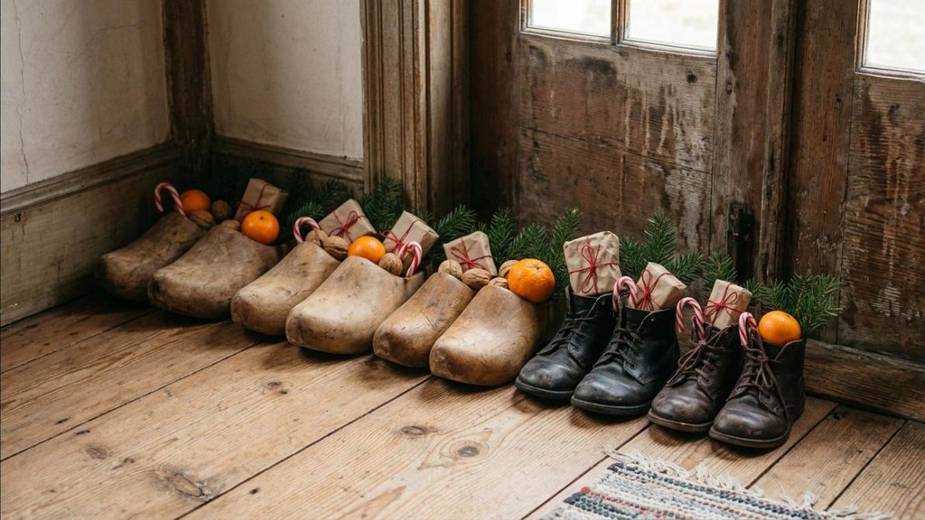 Tasha Tudor Christmas St. Nicholas Day clogs and boots filled with oranges, nuts and small gifts