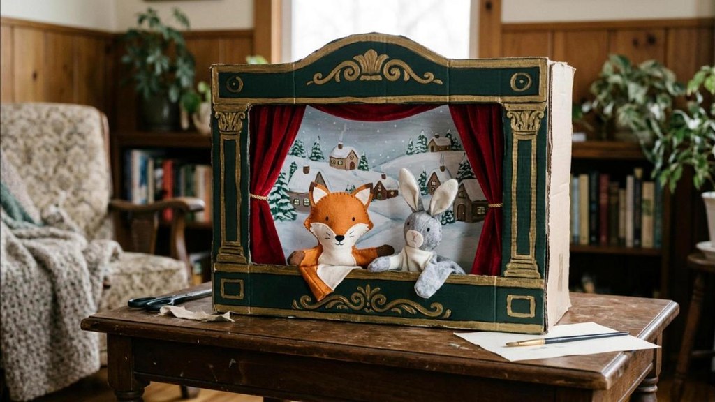 Handmade tabletop puppet theater with red curtains made from a cardboard box