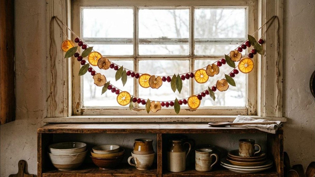 Tasha Tudor Christmas dried apple and orange slice garland with cranberries in a farmhouse kitchen
