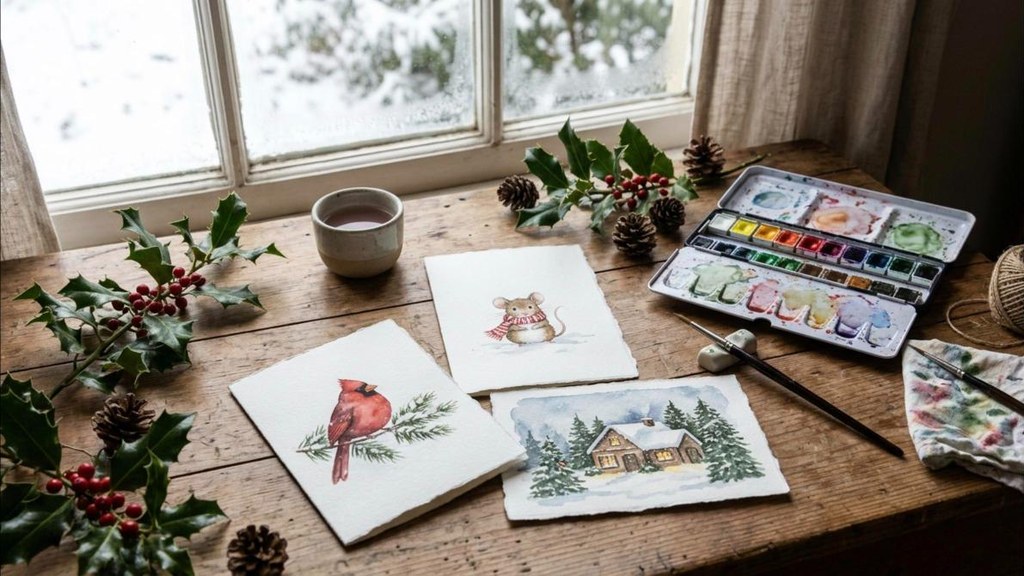 Hand painted watercolor Christmas cards with cottage and animal scenes on a desk