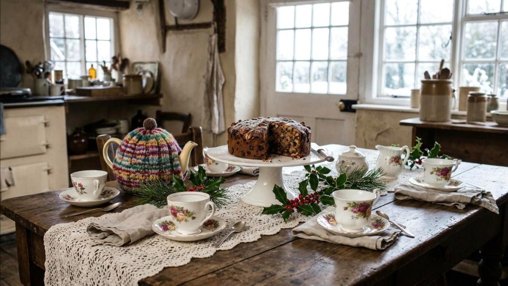 Tasha Tudor Christmas tea table with vintage teacups, Christmas cake on a stand and holly
