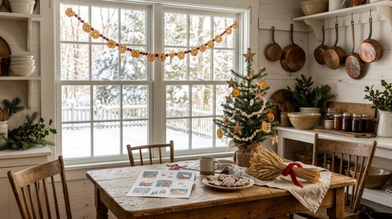 Tasha Tudor Christmas cottage kitchen with paper Advent calendar, dried orange garland and gingerbread