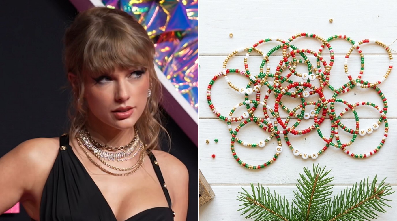 Taylor Swift friendship bracelets in red, green and gold beside a photo of Taylor Swift