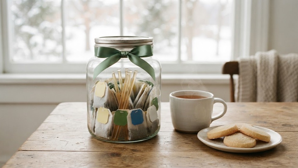 A glass jar filled with upright tea bags and honey sticks tied with green ribbon beside a white mug