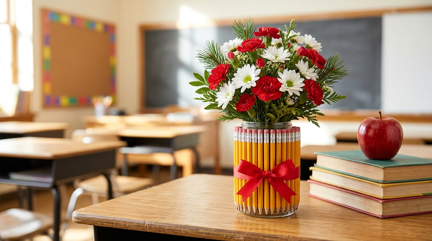 Easy DIY Christmas gifts: teacher pencil vase with red and white flowers on a classroom desk
