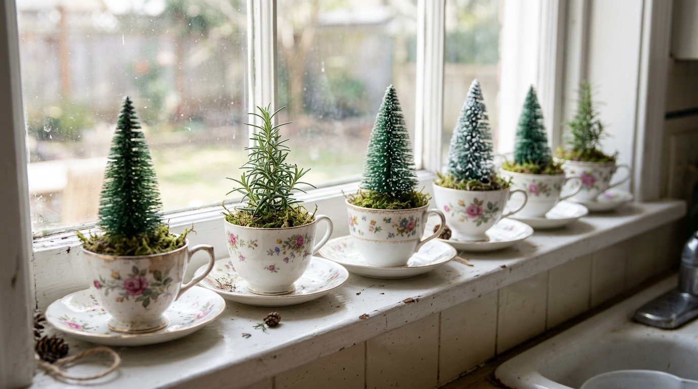 Floral teacups planted with tiny Christmas trees on a sunny windowsill