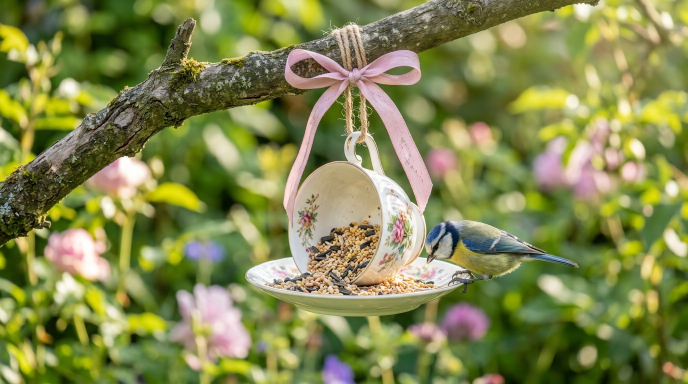 Floral teacup and saucer bird feeder hanging from a garden branch