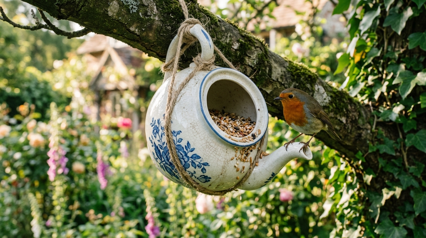 Blue and white teapot bird feeder hanging in a garden with a robin on the spout