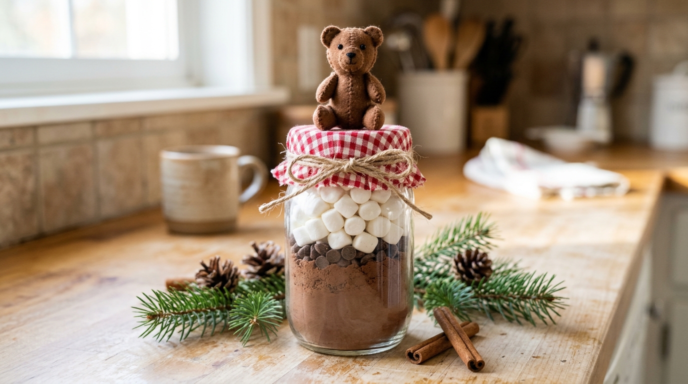 Cocoa mix mason jar with a gingham lid and a tiny felt teddy bear topper