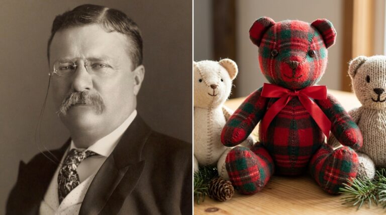 Teddy Roosevelt Teddy Bear: Theodore Roosevelt portrait beside a handmade plaid flannel teddy bear