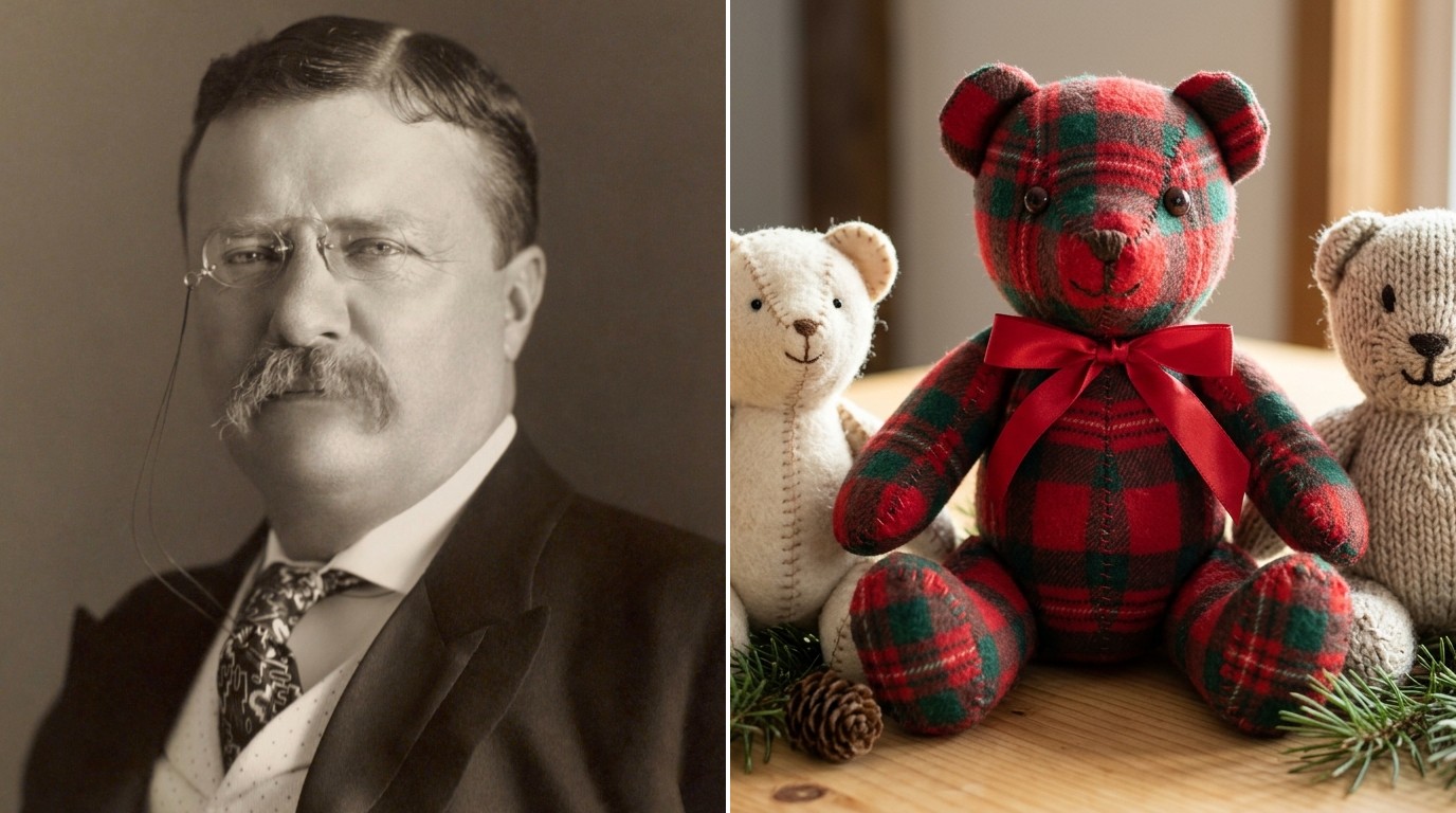 Teddy Roosevelt Teddy Bear: Theodore Roosevelt portrait beside a handmade plaid flannel teddy bear