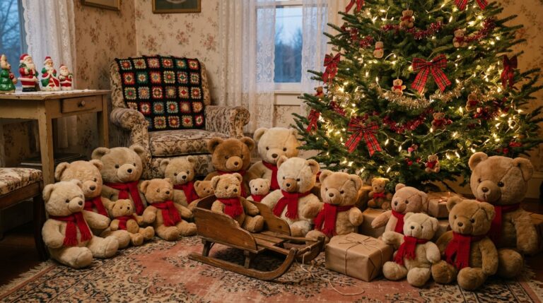 Teddy Bear Christmas Decor with thrifted bears in red knit scarves around a tree and one bear in a wooden sled