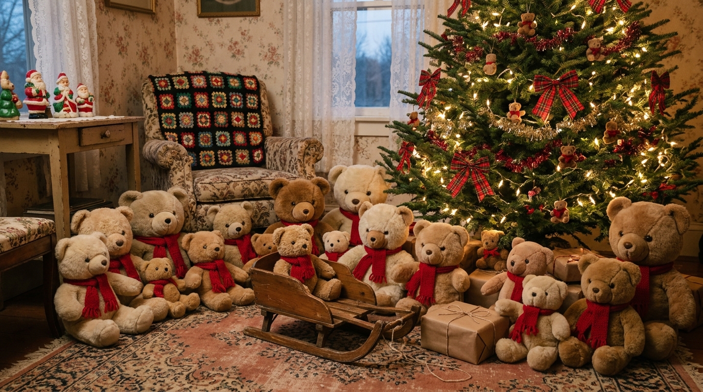 Teddy Bear Christmas Decor with thrifted bears in red knit scarves around a tree and one bear in a wooden sled