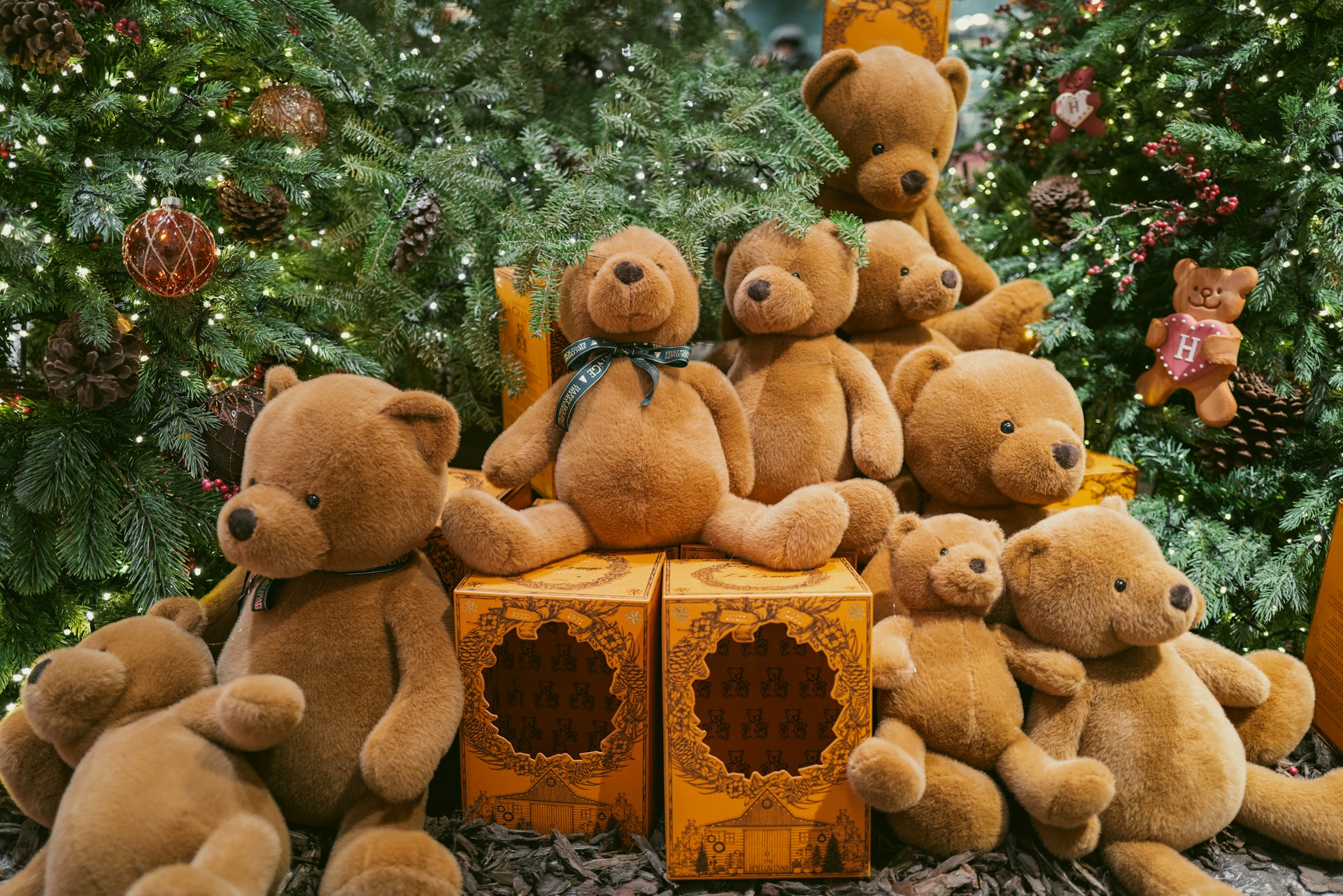 A crowd of brown plush teddy bears sitting in front of a decorated Christmas tree