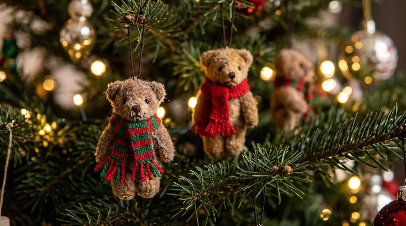 Teddy Bear Christmas Decor mini bear ornaments in tiny knit scarves on a lit tree