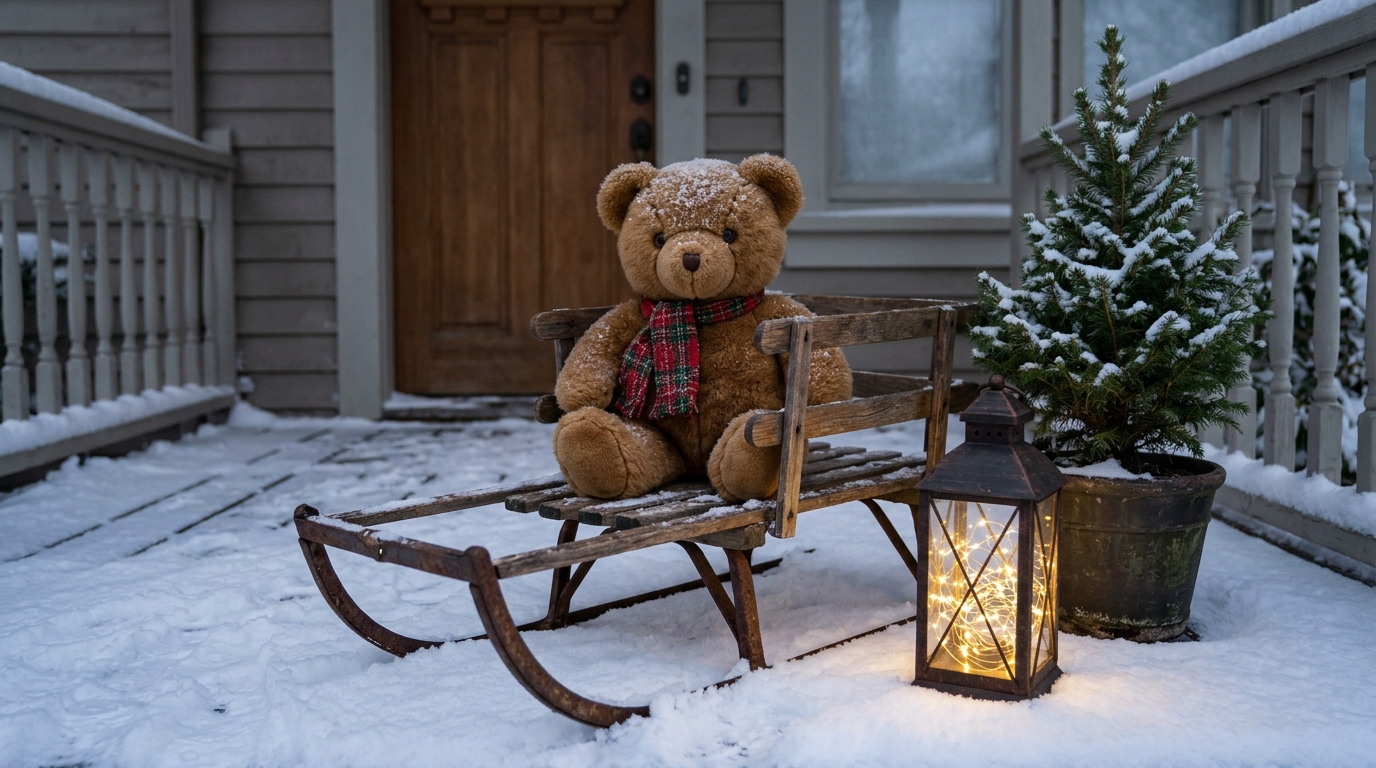 Plush toy in a plaid scarf riding a wooden sled on a snowy porch