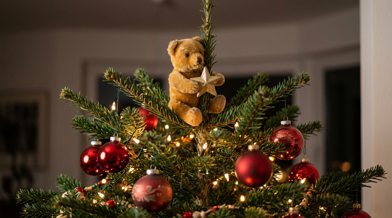 Teddy Bear Christmas Decor with a small vintage bear as the tree topper holding a star