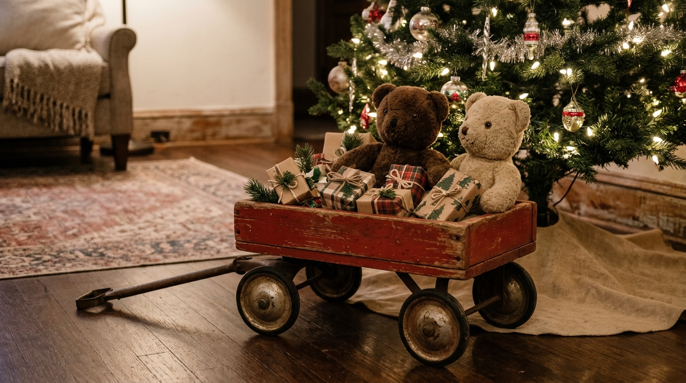 Red wooden toy wagon holding two plush toys and wrapped gifts by a tree