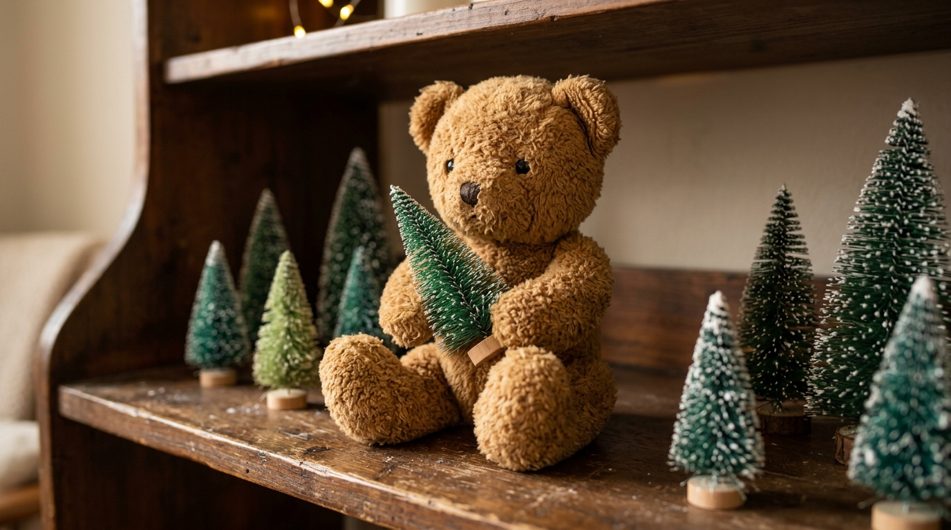 Plush toy on a shelf hugging a small green bottle brush tree