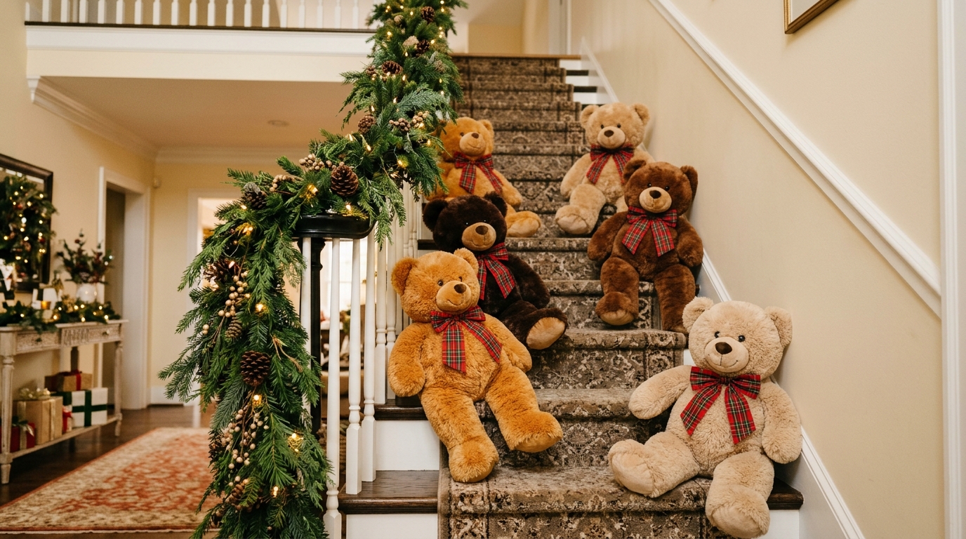 Teddy Bear Christmas Decor bears with red plaid bows sitting on staircase steps
