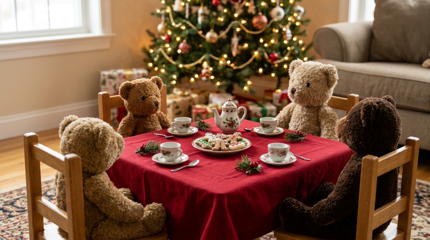 Small tea party table with plush guests in the chairs and tiny teacups
