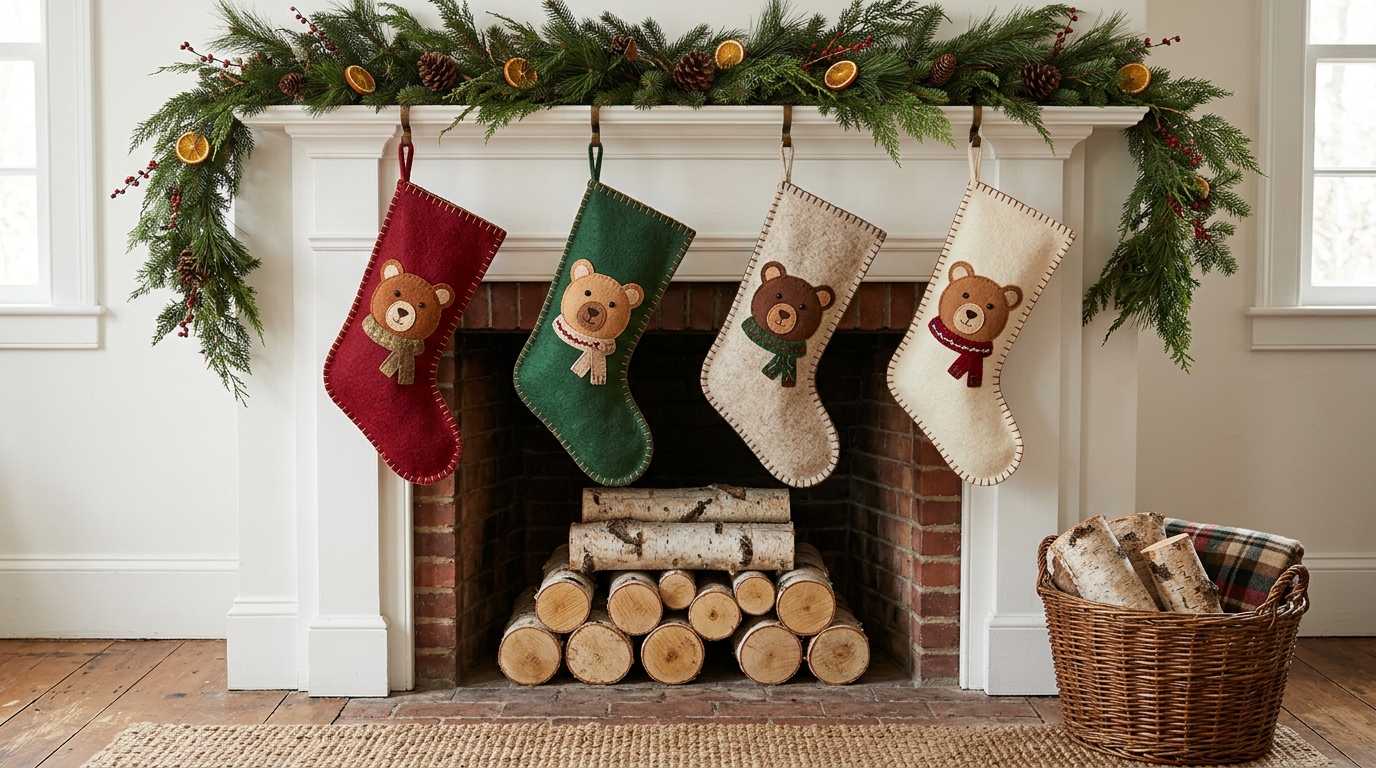 Teddy Bear Christmas Decor felt stockings with bear faces hanging on a white mantel