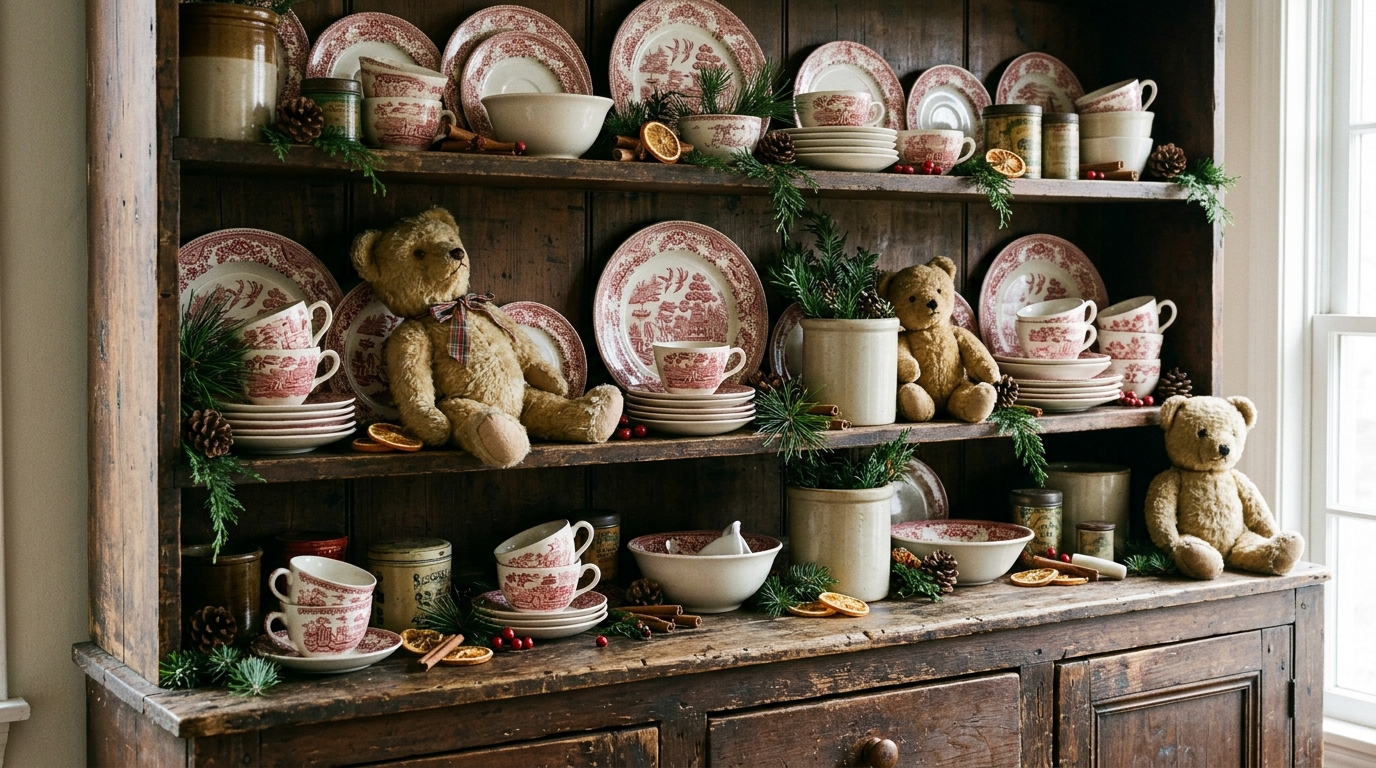 Teddy Bear Christmas Decor vintage bears on hutch shelves with red transferware plates