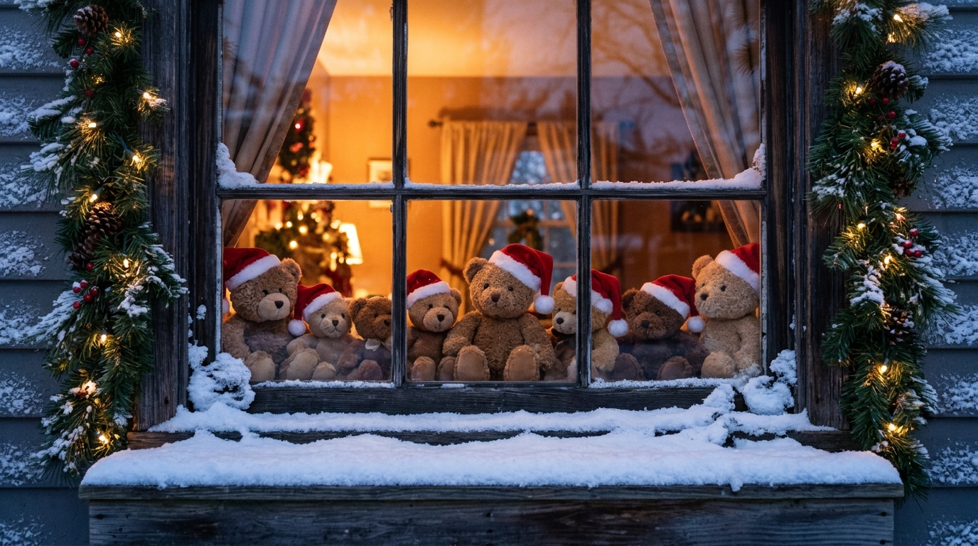 Row of plush toys wearing Santa hats on a snowy window sill at dusk