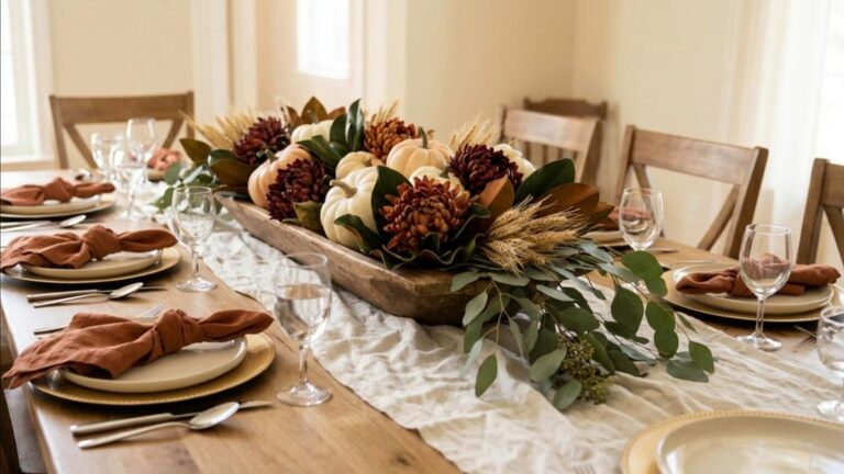 Thanksgiving centerpieces with a wooden dough bowl full of pumpkins, mums and wheat