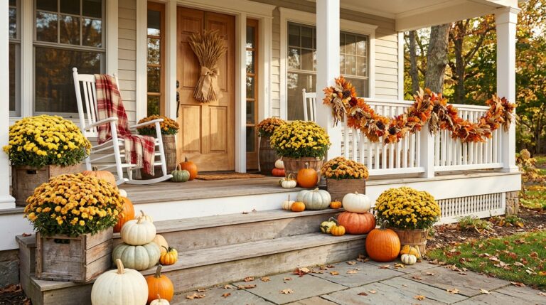 Thanksgiving Porch Decor with stacked pumpkins, mums in crates, a wheat bundle on the door and a plaid throw on a rocker
