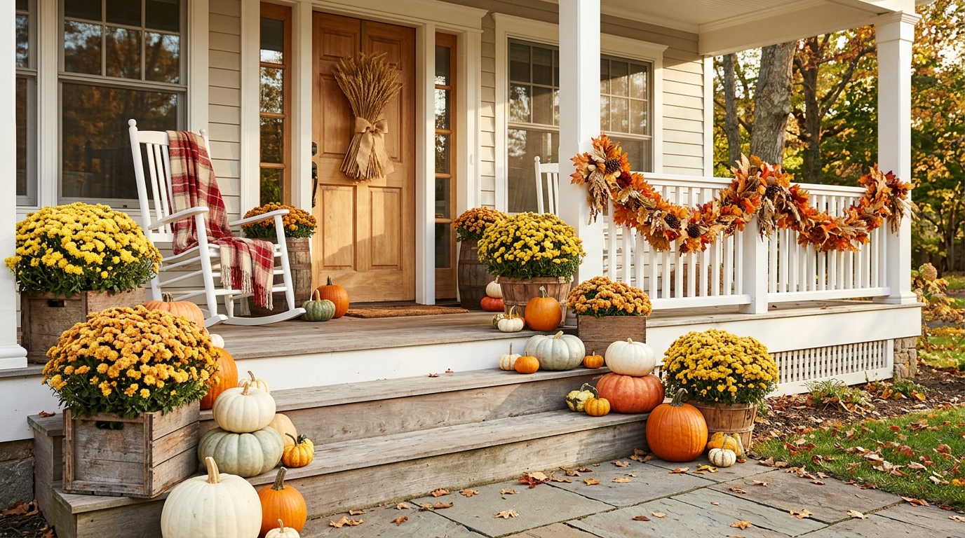 Thanksgiving Porch Decor with stacked pumpkins, mums in crates, a wheat bundle on the door and a plaid throw on a rocker