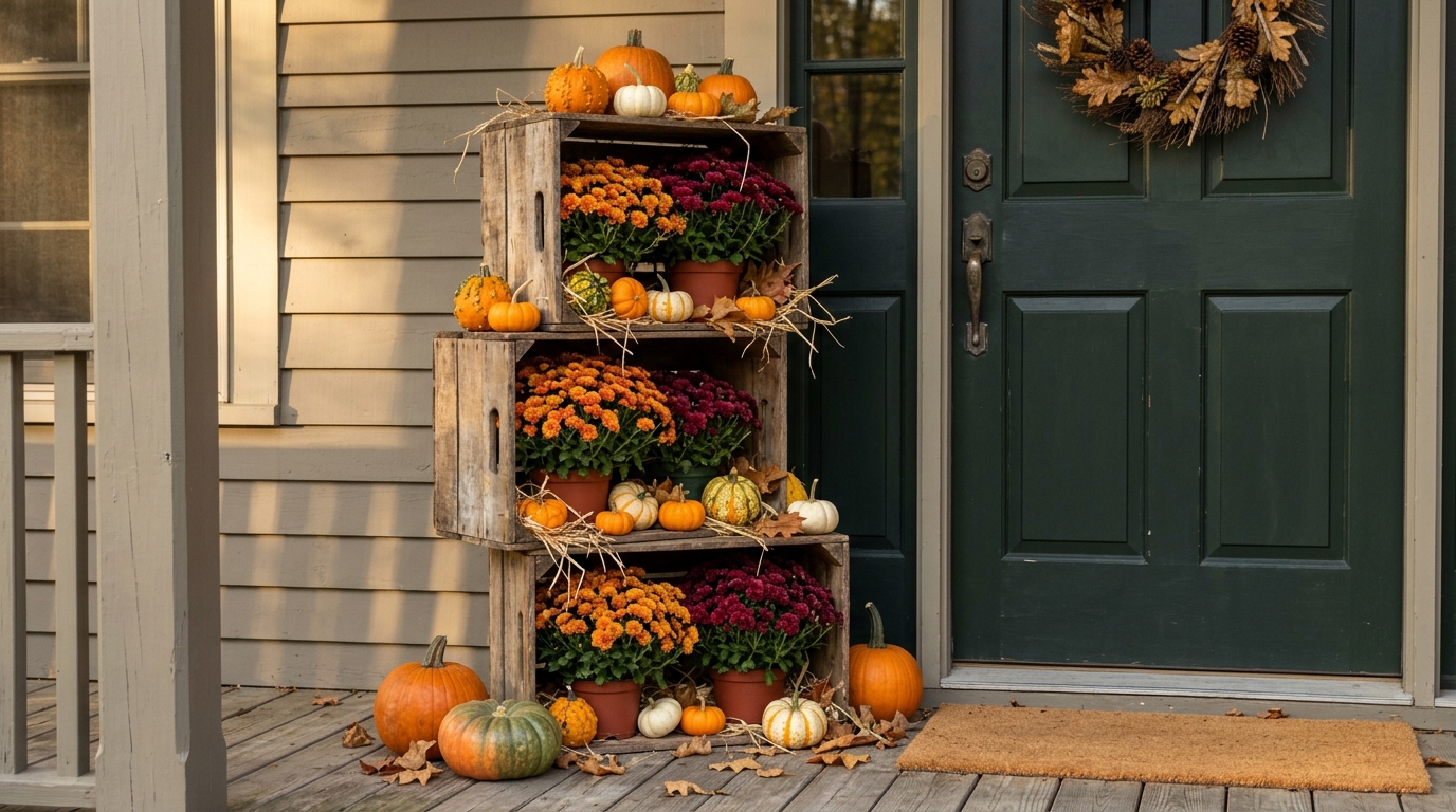 Thanksgiving Porch Decor crate tower filled with mums, gourds and mini pumpkins by the door