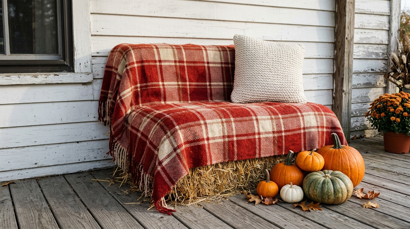 Hay bale bench covered with a plaid throw and a knit pillow next to pumpkins