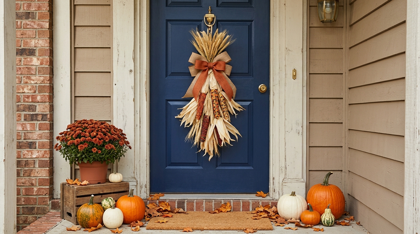 Dried corn husk and wheat swag tied with burlap ribbon on a navy front door