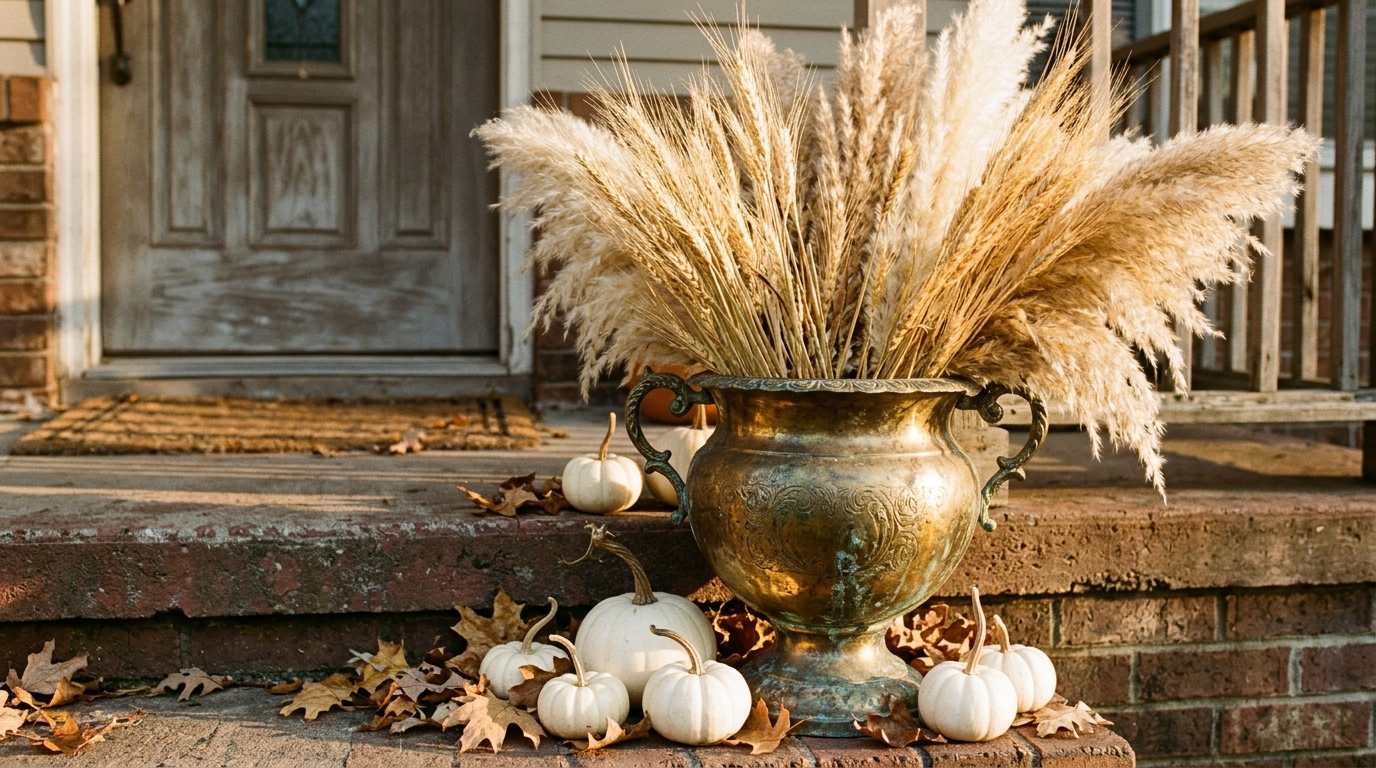 Thanksgiving Porch Decor thrifted brass urn filled with dried wheat and small white pumpkins