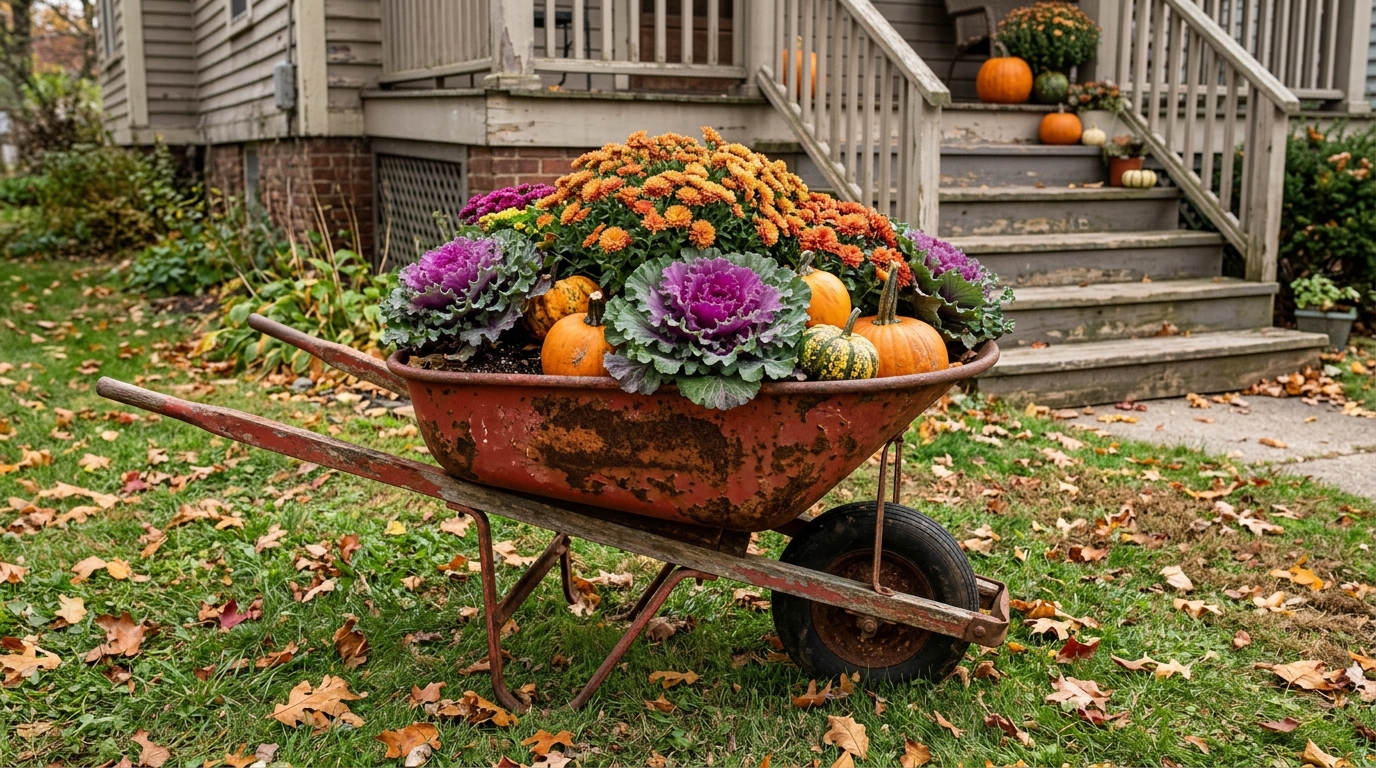 Old red wheelbarrow planted with ornamental kale, mums and small pumpkins
