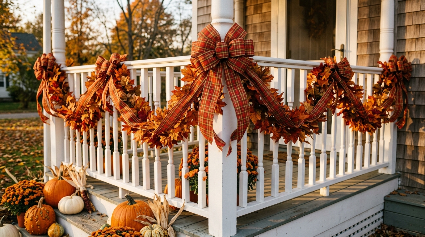 Thanksgiving Porch Decor railing wrapped in plaid ribbon bows and maple leaf garland